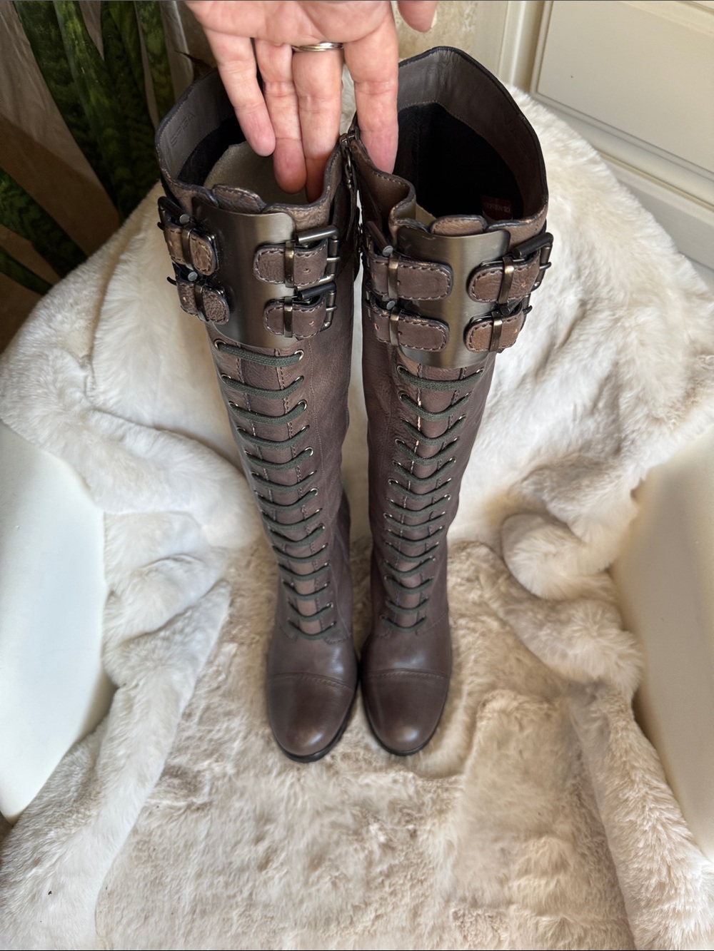 Via Spiga full Leather Tall Lace-Front Buckle Boots in Brown Taupe - Picture 4 of 15